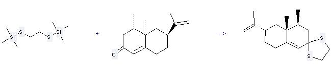 2(3H)-Naphthalenone,4,4a,5,6,7,8-hexahydro-4,4a-dimethyl-6-(1-methylethenyl)-, (4R,4aS,6R)- can react with 1,2-Ethanedithiobis(trimethylsilane) to give C17H26S2.